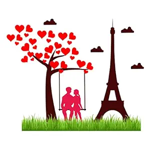 Sticker Hub Vinyl Loving Couple with Eiffel Tower Wall Sticker for Home Decor (71 X 88 cm, Multicolour) AS46