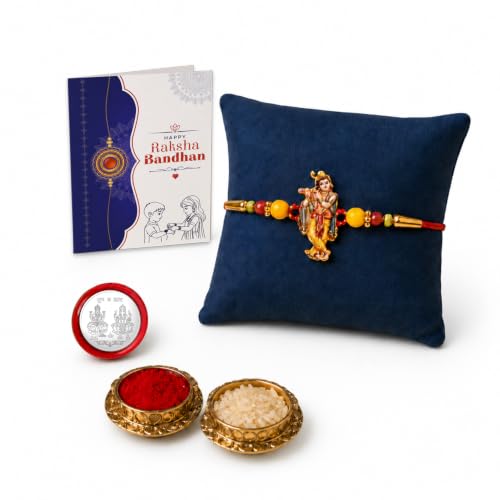Image of Oblivion Rakhi For Brother Set of 1 - Elegant Krishna Ji With Beads Thread Designer Rakhi with Greeting Card, Silver Colour Coin and Tilak Set - Traditional Raksha Bandhan Combo for Bhai (Pack of 4)