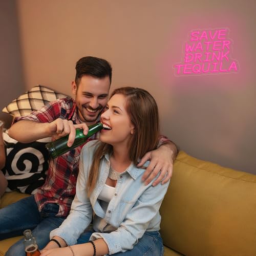 Image of Neon Sign, Save Water Drink Tequila LED Neon Light for Wall Decor, USB Neon Bar Sign for Party Club Restaurant, Bedroom Wall Decor 16.54 x 11.81 inch, Acrylic Material