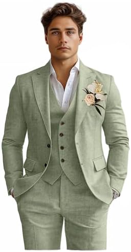 Linen Mens Suits 3 Piece Slim Fit Tuxedo Suit for Men Beach Weddi...