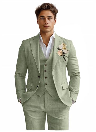 Costume de Smoking 3 pièces en Lin pour Homme - Coupe ajustée - pour la Plage, Les Mariages, Les Affaires, Le marié et Le Bal, Vert Sauge, Taille XL
