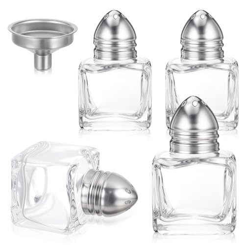 Lnngub 4 Pcs Mini Salt and Pepper Shakers,0.5 oz Mini Salt Shaker Gold Salt and Pepper Shakers Bulk with Funnel Small Salt Shakers Tiny Glass Salt and Pepper shaker for Kitchen Restaurant Travel Camp