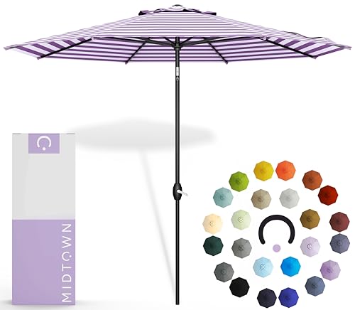 Image of Midtown Umbrellas 10-Year-No-Fade - 8 Ft - UV Proof Purple /White Stripes Fabric - Umbrella Outdoor Patio, Auto-Tilt Aluminum Frame Patio Umbrella for Garden, Pool & Deck - Black Pole