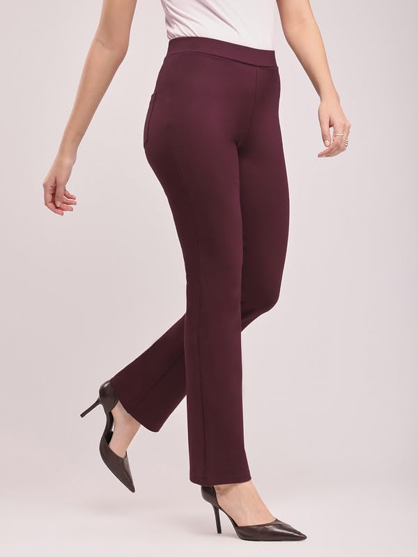 Image of FableStreet Women's Bootcut Stretch Livin Trousers | Nylon Rayon with Mid-Rise Waist | Solid Pattern & Plain Weave Fabric | Office Wear & Business Meetings