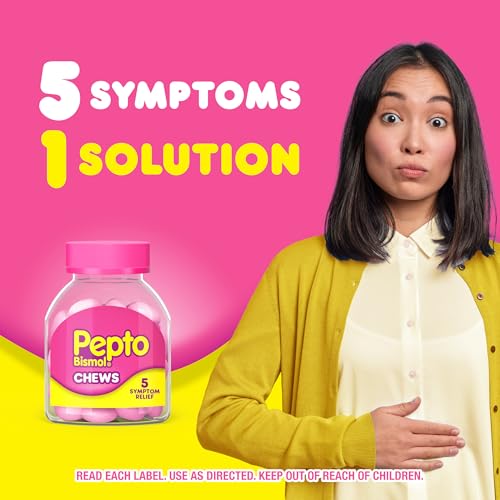 Image of Pepto Bismol Chews, Upset Stomach Relief, Nausea Relief, Heartburn Relief, Indigestion Relief, Anti Diarrhea Medication for Adults - 5 Symptom Fast Relief, 72 Chewable Tablets (3x24 ct)