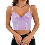 Giovacker Women's Sexy V-Neck Spaghetti Strap Sparkle Sequined Crop Tops Tube Top Bustier Tank Rave Clubwear, Purple/S