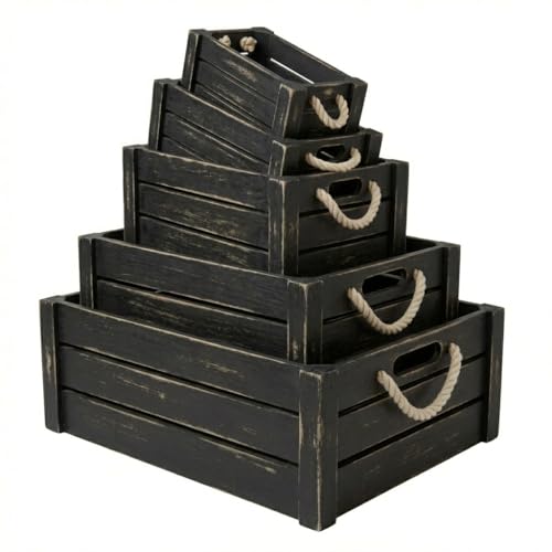 Set of 5 Rustic Nested Wooden Crates with Rope Handles - Decorative Farmhouse Storage Boxes for Kitchen, Living Room & Bathroom - Modern Wood Grain Home Organization (Black Vintage)