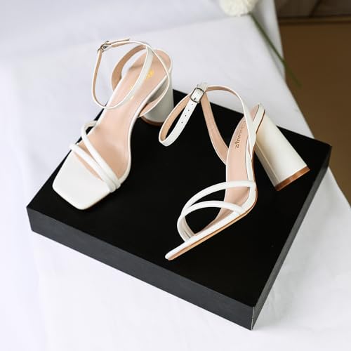 Image of RIBONGZ Block Heels Prom Heeled Sandals for Women Chunky Square Open Toe Strappy High Heels Ankle Strap Wedding Bridal Shoes High Heel Sandals for Party Dress