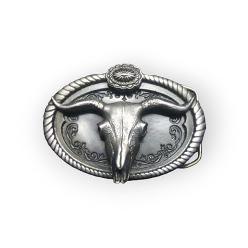 Men Fashion Belt Buckle Western Metal Bull Skull Longhorn Cow Head Silver Pewter (Make Your Own Design With Pictures)