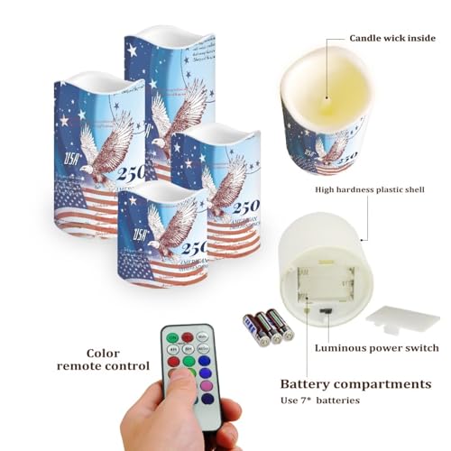 Image of American Flag Electric Candles Bald Eagle Independence Day Flameless LED Candles Battery Operated with Remote 250th Anniversary Flickering Candle for American Holiday, 4 Pack