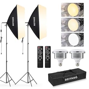 BEIYANG Softbox Lighting Kit, 2×20”x28” Photography Soft Box with 2 pcs 85W 6000K E27 LED Socket LED Bulbs, Studio Lights for Photography/Video Recording/Live Streaming