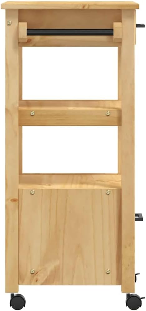 Kitchen Trolley Monza Solid Pine Wood 18.9"x15.7"x34.8" Rolling Kitchen Cart with Wheels Storage Drawers and Hooks Durable Kitchen Utility Cart for Food and Dining Use