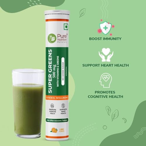 Image of Pure Nutrition Super Greens Effervescent Tablets | 40 Tabs (20x2) | 14+ Superfoods with Moringa, Spirulina & B Vitamins | Immunity, Detox & Energy Boost | Refreshing Taste, Antioxidant-Rich Formula for Overall Wellness