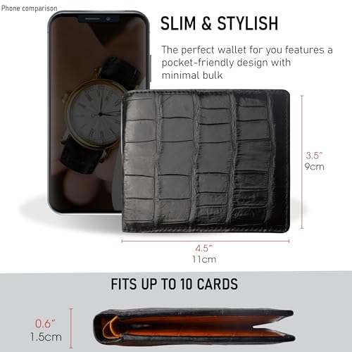 Black-Orange Alligator Bifold Leather Slim Wallet Double Side RFID Blocking Front Pocket Security Crocodile Exotic Leather Luxury Wallet With 8 Card Slot Classic Handmade Gift For Men VILE-144