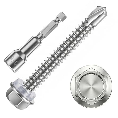 ZKAILCF Vis Autoforeuse Metal Inox 410 Vis Autoperforante 6.3x75mm 50Stk avec Rondelles D'étanchéité EPDM Fixation étanche et 1 Douilles Hexagonale pour Metal Bac Acier Bois Tôle Placo Toiture