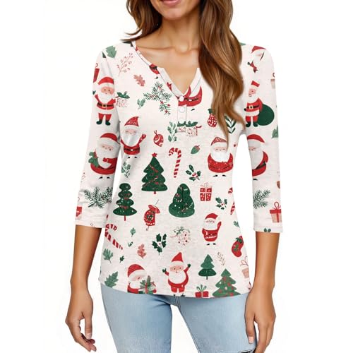 Image of Women Christmas Shirt 3 /4 Length Sleeve Henley Tops Xmas Outfits