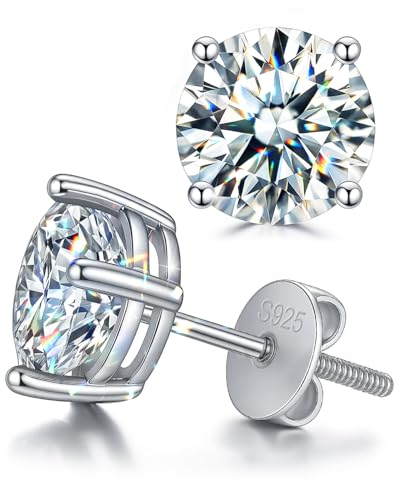 Screw Back Moissanite Stud Earrings for Women Men 925 Sterling Silver 18K White Gold Plated 0.5 * 2ct Hypoallergenic Tarnish Resistant Brilliant Jewelry Anniversary Christmas Birthday Love Gifts