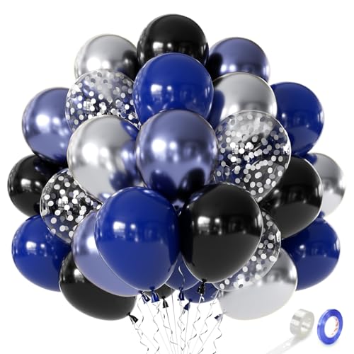 Blue and Black Balloons Navy Blue and Silver Balloons Metallic Blue Dark Blue &Silver Confetti Party Balloons for Graduation Birthday Baby Shower Decorations
