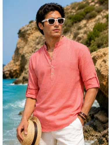 Image of Majestic Man Men's Pure Cotton Solid Mandarin Collar Slim Fit Roll-Up Sleeves Short Kurta Lightweight Summer Kurta for Daily & Occasion Use