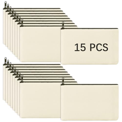 OKBA Sacos de maquiagem em branco de sublimação, bolsa de lápis de lona com zíper preto, sacolas de poliéster para artesanato DIY de sublimação (sacos em branco bege * 15 peças)