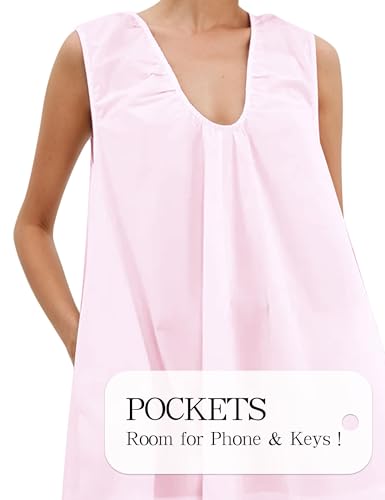 Image of Women's Summer Babydoll Dress Scoop Neck Bubble Mini Dress with Pockets Sleeveless Flowy Tank Preppy Dresses Party