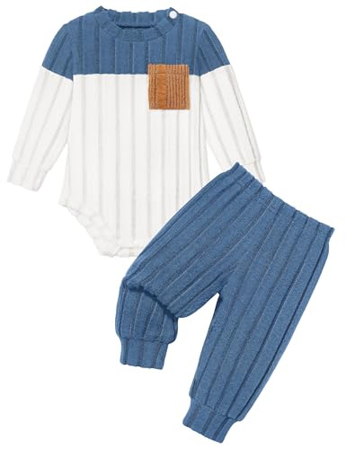 Image of Baby Boy Clothes Color Block Ribbed Knitted Outfits Long Sleeve Romper+ Pants 2PCS Outfit 0-12 Months