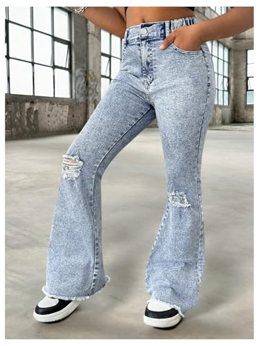 GORGLITTER Girl's Ripped Flare Jeans High Waisted Bell Bottom Denim Pants with Pockets4