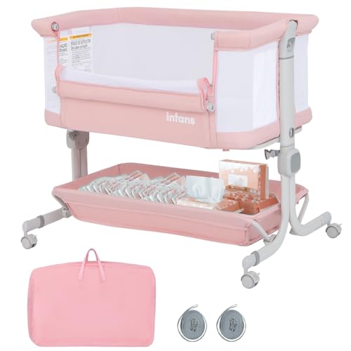 Image of INFANS 3 in 1 Baby Bassinet, Bedside Sleeper with Comfy Mattress, Wheels, 6 Height Adjustable, Storage Basket, Travel Bag, Portable All Mesh Crib for Newborn Infant (Pink)