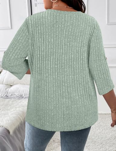 Image of Koscacy Women Plus Size V Neck 3 /4 Roll Sleeve Sweater Casual Knit Tops Solid Color Blouses