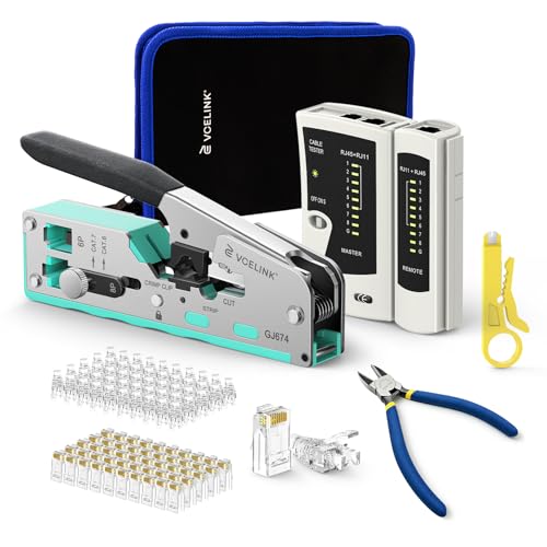 Image of VCELINK RJ45 Crimp Tool Kit for CAT7 /6A /6 /5E /5, Upgraded Network Tool Set with an Ethernet Crimper, 50 RJ45 Connectors & Boots, Cable Tester, Wire Stripper and Cutter in a Cloth Bag, Green