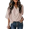 HOTAPEI Womens Blouses and Tops for Work Fashion Casual Summer Short Sleeve Wrap V Neck Draped Front Office Blouses Loose Fit Tops Shirts Apricot