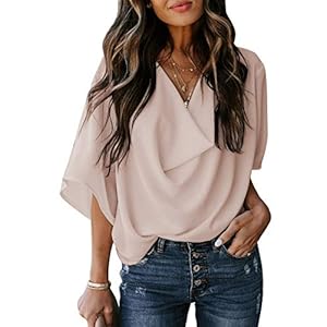 HOTAPEI Womens Blouses and Tops for Work Fashion Casual Summer Short Sleeve Wrap V Neck Draped Front Office Blouses Loose Fit Tops Shirts Apricot