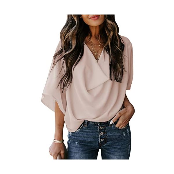HOTAPEI Womens Blouses and Tops for Work Fashion Casual Summer Short Sleeve Wrap V Neck Draped Front Office Blouses Loose Fit Tops Shirts Apricot
