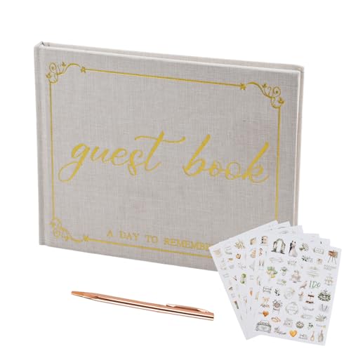 Libro de Visitas de Boda, Libro Firmas de Lino, 100 Páginas Vintage Personalizado Guest Book álbum de Invitados con Bolígrafo y Pegatinas para Bodas Fiestas Cumpleaños Comunión Bautizo, 18 x 24 cm
