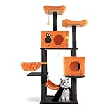Outvita Halloween Cat Tree,61" Large Cat Tower with 2 Spacious Cat Condos, 2 Padded Perches, 2 Hammocks, Scratching Posts, Hanging Toy, Multi-Level Cat Activities Furniture, Orange & Black