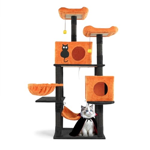 Outvita Halloween Cat Tree,61" Large Cat Tower with 2 Spacious Cat Condos, 2 Padded Perches, 2 Hammocks, Scratching Posts, Hanging Toy, Multi-Level Cat Activities Furniture, Orange & Black