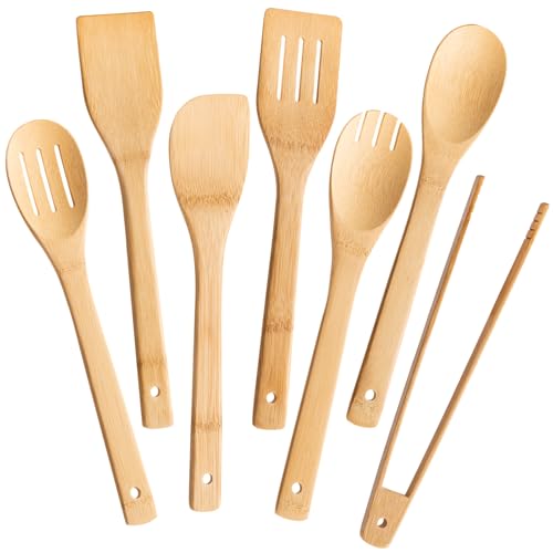 Eisinly Wooden Spoons for Cooking 7-Piece, Kitchen Nonstick Bamboo Cooking Utensils Set, Durability Wooden Spatula Spoon for Everyday Use, Smooth Edge