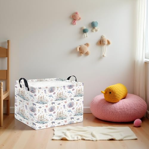 Image of Rectangular Kids Storage Basket Boys for Home Kitchen Girls Cute Storage Bin Organizer Shelf Book Room Decor(Sea Castle)
