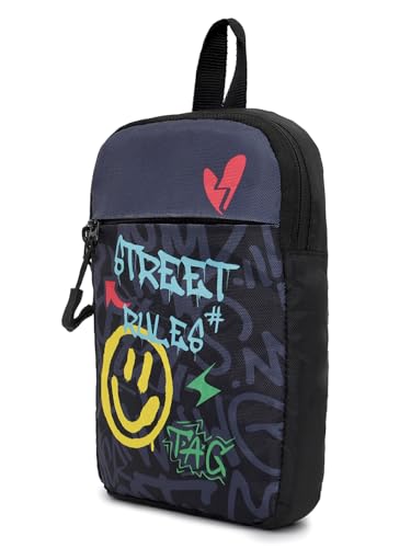 Image of Bewakoof Unisex Grey & Black Street Rules Printed Sling Bag