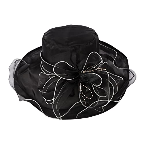 Women Organza Church Hat Elegant Summer Wide Brim Hat Wedding Party Cap Travel Mesh Hat Vintage Flower Gauze Sun Beach Cap Protection Cap Tea Party Fascinator Hat Black #TOP4