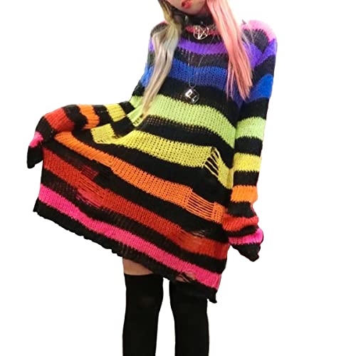 Damen Gothic Punk Grunge Pullover Langarm Rundhals Oversize Gestreifte Zerrissene Lange Strickpullover Pulloverkleid Longpullover Oberteile Tops...