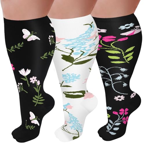 Image of 3 Pairs Plus Size Compression Socks for Women and Men Wide Calf 20-30mmhg Extra Large Knee High Support for Circulation