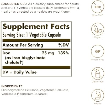 Solgar Gentle Iron (Iron Bisglycinate) 25 mg - 90 Vegetable Capsules - Non-Constipating, Gentle on Your Stomach - Gluten Free - 90 Servings