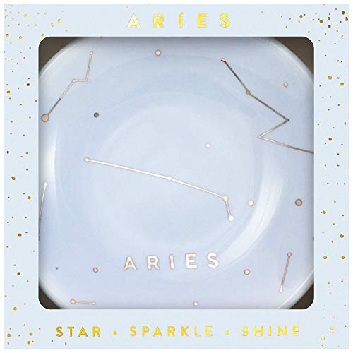 Lucky Feather Zodiac Ring Dish for Women and Girls â€“ Glazed Ceramic Jewelry Tray with Astrological Constellation Depicted in Opulent Metallic Gold - Aries