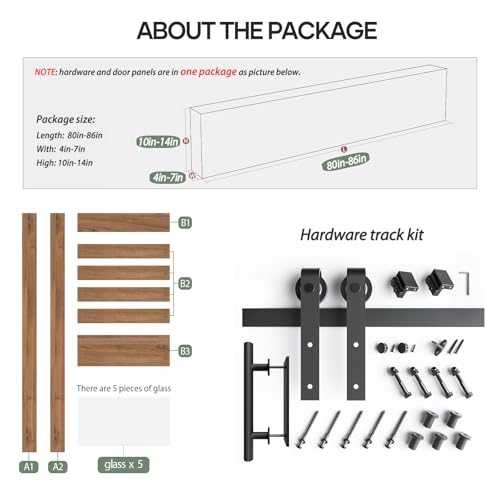 FREDBECK 36 x 84 inch Glass Barn Door with 6.6FT Barn Door Hardware Kit & Handle Included,5-Panel Frosted Glass, Water-Proof Surface,Pre-Drilled Holes,Need Assembly