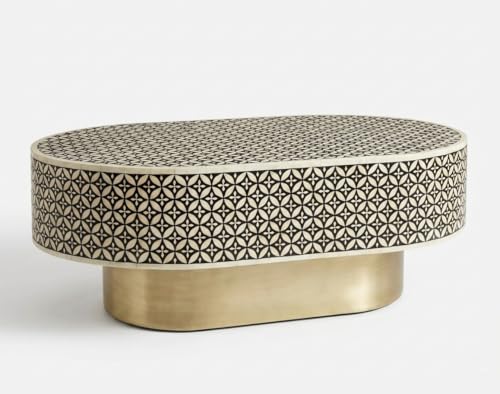 Image of Handmade Bone Inlay Oval Coffee Table Black & White Floral Geometric Design, Luxury Center Table with Brass Base for Living Room, Modern Decorative Coffee Table for Home & Apartment