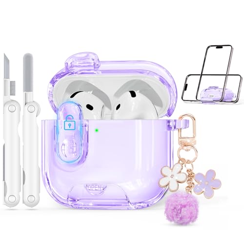 Image of for AirPods 4 Case 2024 with Safety Lock,Clear Purple | Clear Case with Phone Stand & Cleaner Kit,Cute Floral Chain for Women Girls,Soft TPU Protective Cover,Shockproof