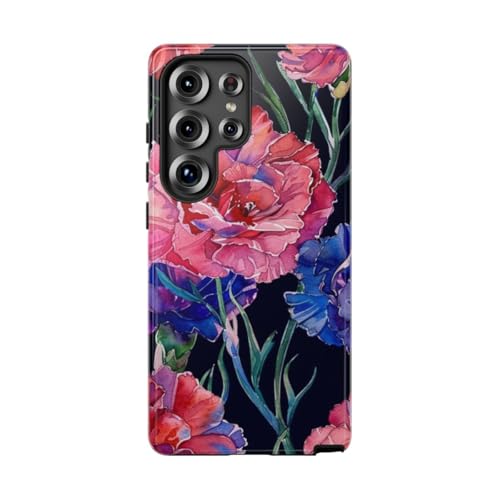 Coque Samsung S25 Ultra antichoc fine motif floral œillets aquarelle brillante solide
