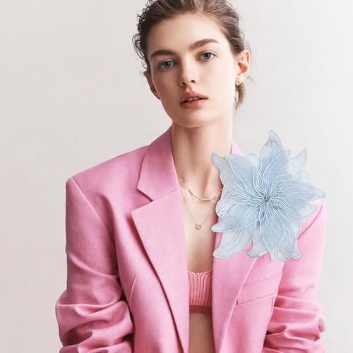 Image of Exaggerated Organza Fabric Flower Brooch Pin for Women Girls Fashion Dainty Layered Big Beaded Corsage Boutonniere Brooches Lapel Pins Delicate Wedding Birthday Holiday Dress Accessories Jewelry Gift