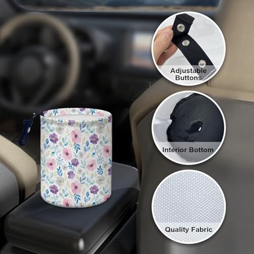 Image of Purple Cute Floral Hanging Portable Car Trash Can Cute Waste Basket Car Accessories Interior Collapsible Garbage Bag Small Trash Can